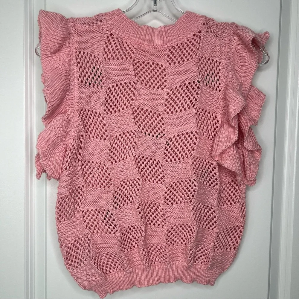 Pink Knit Sweater with Red Strawberry Design Sz Small Flutter Sleeve Soft Cozy - Picture 6 of 10